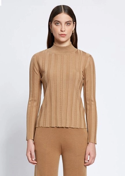 Long Sleeve Mock Neck Merıno Wool Camel Knıt Top - 1