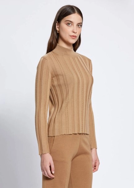 Long Sleeve Mock Neck Merıno Wool Camel Knıt Top - 3