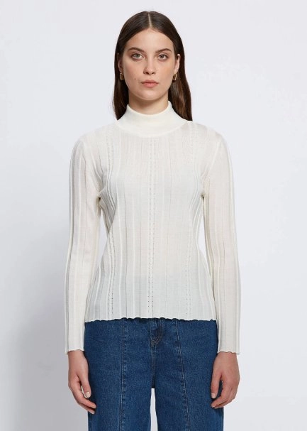 Long Sleeve Mock Neck Merıno Wool Ekru Knıt Top - 1