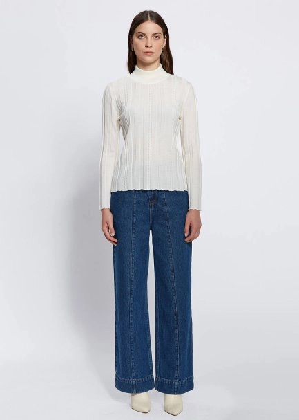 Long Sleeve Mock Neck Merıno Wool Ekru Knıt Top - 2