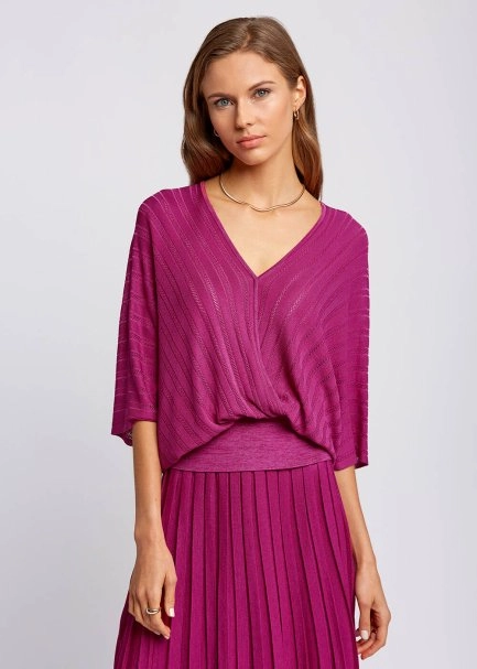 Loose Fit Wrap Fuchsia Knit Top - 1
