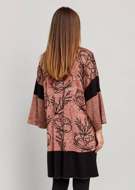 Lotus Desenli Çift Taraflı Siyah Triko Kimono - 3