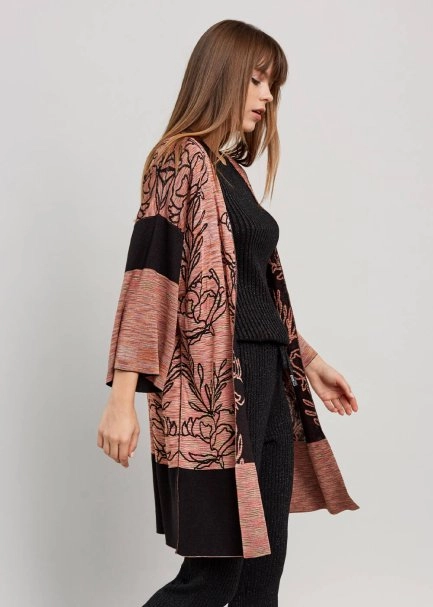 Lotus Desenli Çift Taraflı Siyah Triko Kimono - 4
