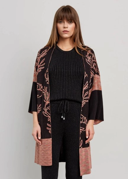 Lotus Desenli Çift Taraflı Siyah Triko Kimono - 5