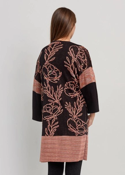 Lotus Desenli Çift Taraflı Siyah Triko Kimono - 6