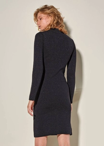 Lurex Detailed Wool Knit Black Slit Dress - 3