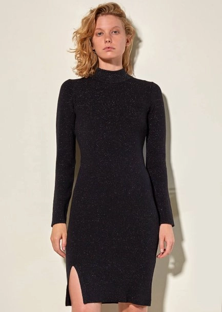 Lurex Detailed Wool Knit Black Slit Dress - 5