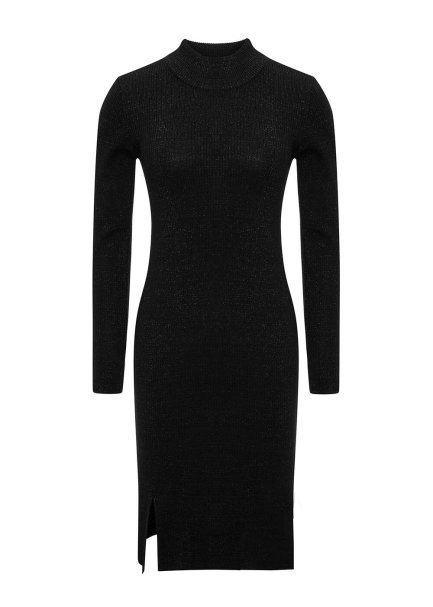 Lurex Detailed Wool Knit Black Slit Dress - 6