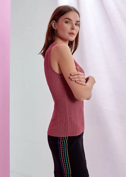 Lurexli Ribli Kolsuz Pembe Triko - 4