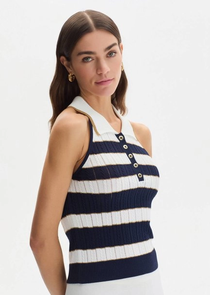 MARIN GOLD STRIPE POLO NECK KNIT TOP - 2