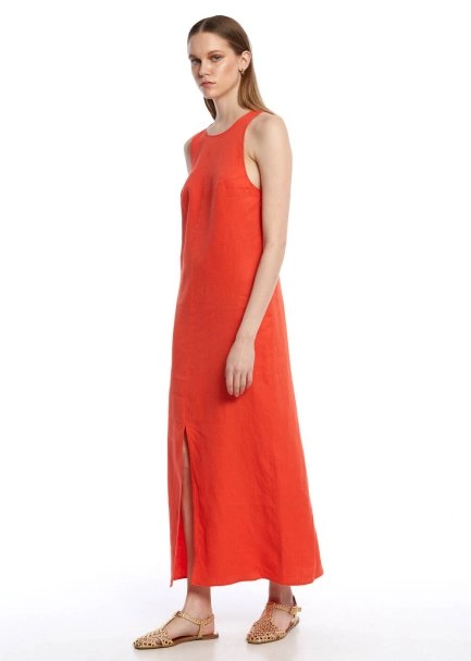 Mercan Yırtmaç Detaylı Keten Elbise - 2