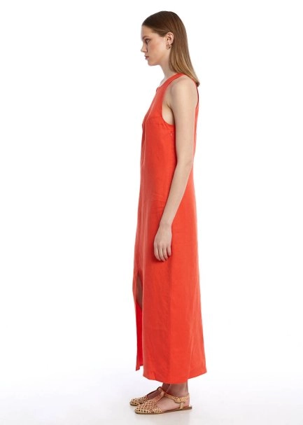 Mercan Yırtmaç Detaylı Keten Elbise - 4