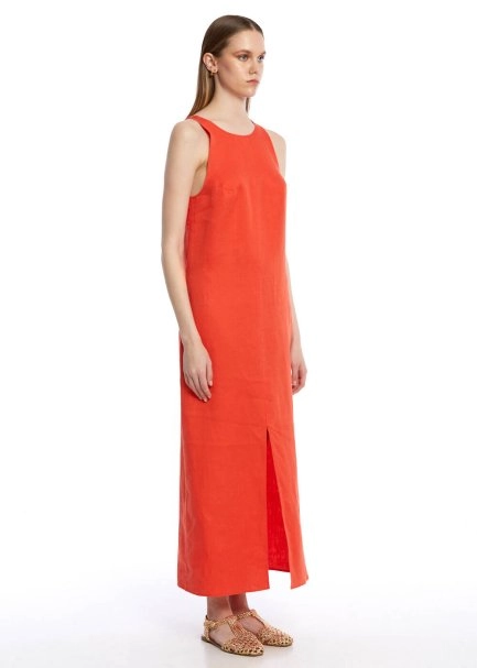 Mercan Yırtmaç Detaylı Keten Elbise - 3