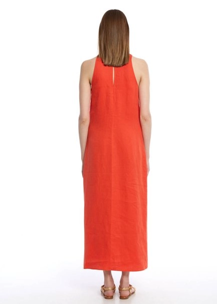 Mercan Yırtmaç Detaylı Keten Elbise - 5