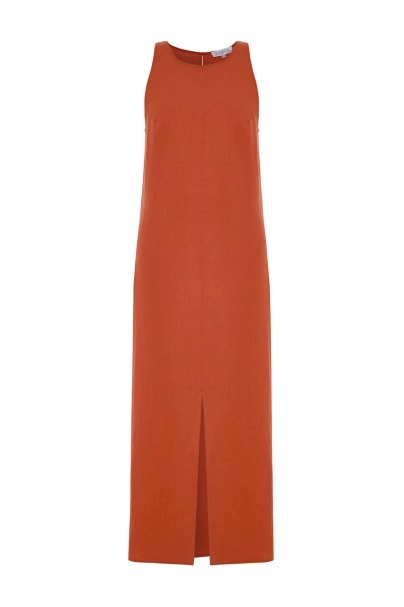 Mercan Yırtmaç Detaylı Keten Elbise - 6