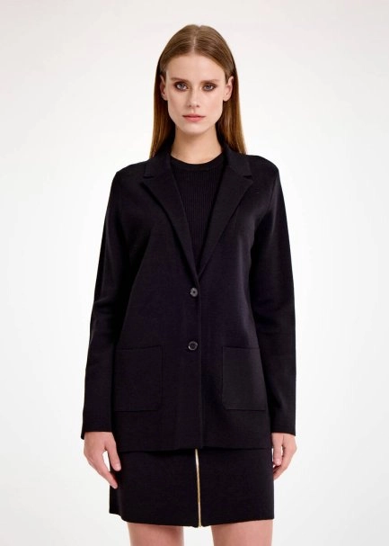 MERINO WOOL BLACK KNIT BLAZER JACKET - 1