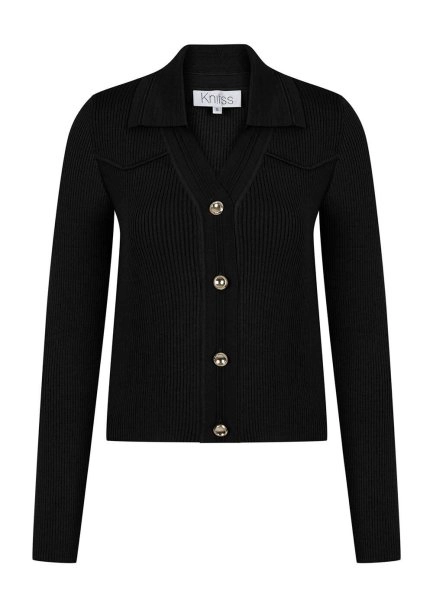MERINO WOOL BLACK KNIT TOP METALLIC BUTTONS - 6