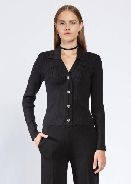 MERINO WOOL BLACK KNIT TOP METALLIC BUTTONS - 1
