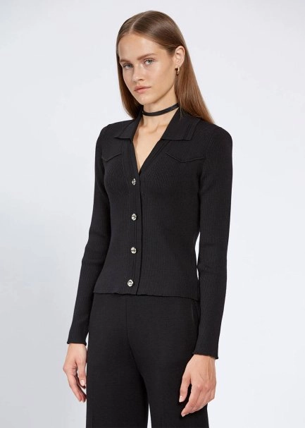 MERINO WOOL BLACK KNIT TOP METALLIC BUTTONS - 3