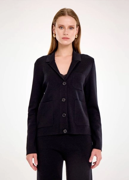 MERINO WOOL BLEND BLACK KNIT JACKET - 1