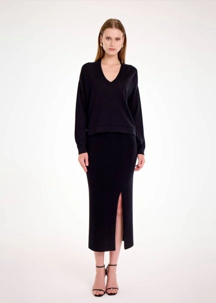 MERINO WOOL BLEND BLACK KNIT SKIRT - 2
