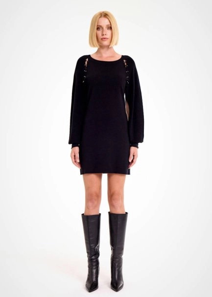 MERINO WOOL BLEND BLACK MINI KNIT DRESS - 1