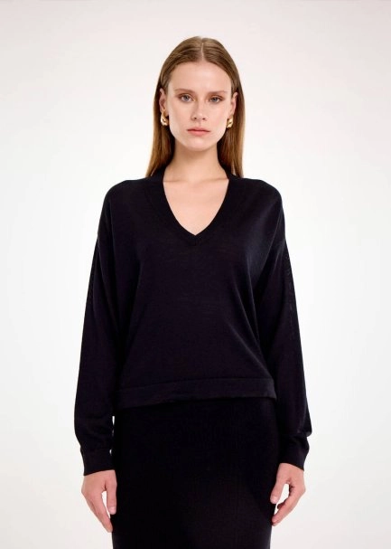 MERINO WOOL BLEND BLACK SWEATER - 1
