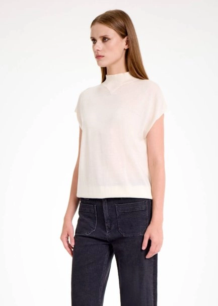 MERINO WOOL BLEND ECRU KNIT TOP - 3