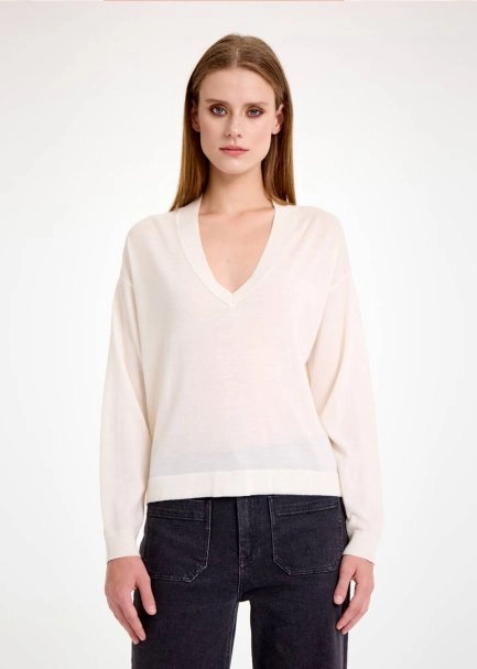 MERINO WOOL BLEND ECRU SWEATER - 1