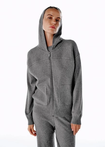 MERINO WOOL BLEND HOODED MID GREY KNIT CARDIGAN - 1