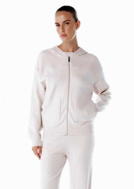 MERINO WOOL BLEND HOODED NATURAL KNIT CARDIGAN - 1