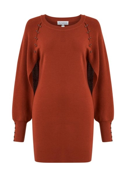 MERINO WOOL BLEND INTENSE RUST MINI KNIT DRESS - 6