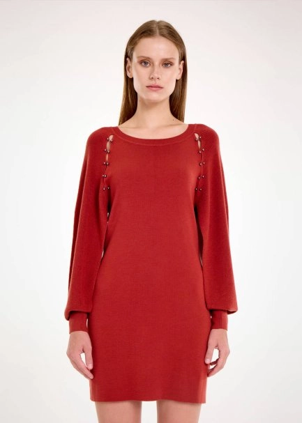 MERINO WOOL BLEND INTENSE RUST MINI KNIT DRESS - 2