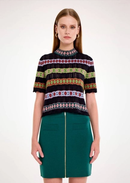 MERINO WOOL BLEND PATTERNED CROP KNIT TOP - 1