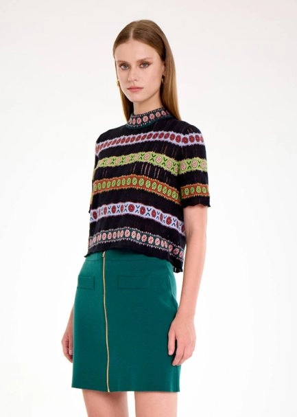 MERINO WOOL BLEND PATTERNED CROP KNIT TOP - 4