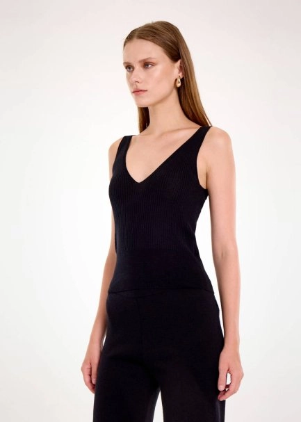 MERINO WOOL BLEND V NECK BLACK KNIT TOP - 3