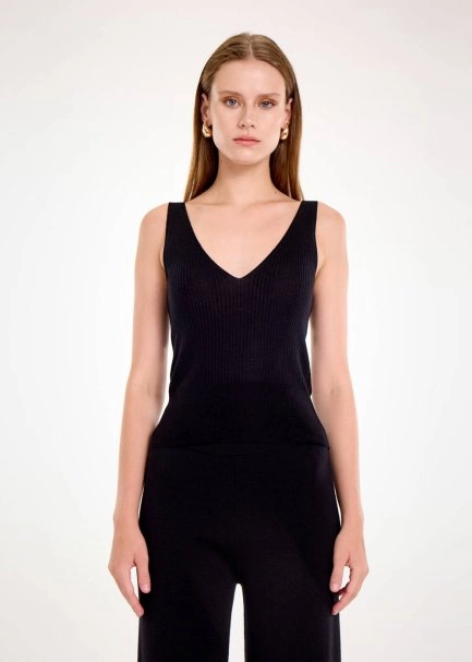 MERINO WOOL BLEND V NECK BLACK KNIT TOP - 1