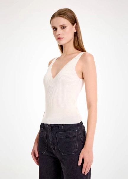 MERINO WOOL BLEND V NECK ECRU KNIT TOP - 3