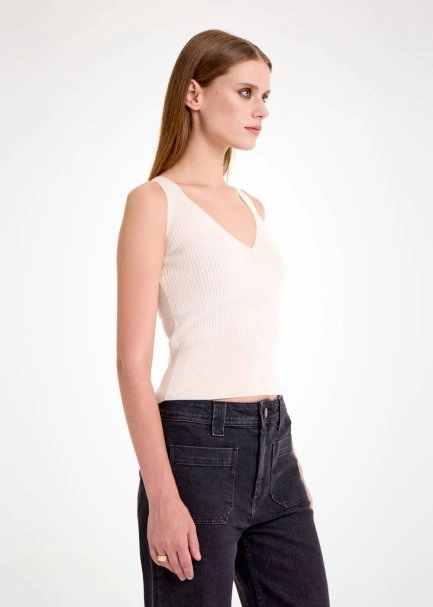 MERINO WOOL BLEND V NECK ECRU KNIT TOP - 4