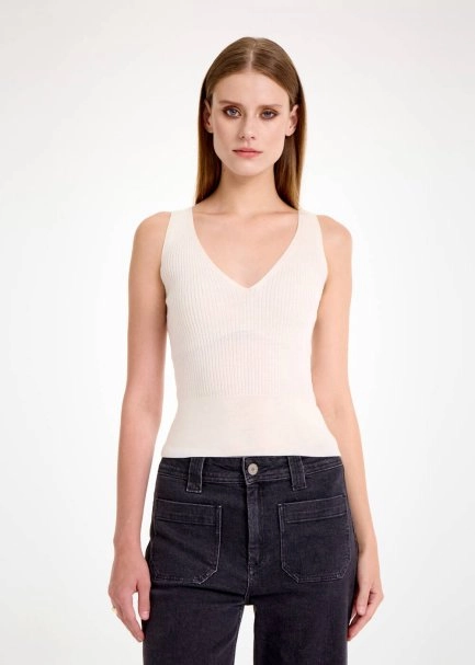 MERINO WOOL BLEND V NECK ECRU KNIT TOP - 1