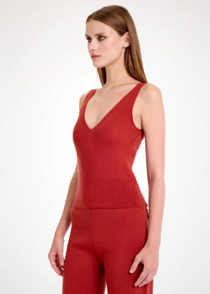 MERINO WOOL BLEND V NECK INTENSE RUST KNIT TOP - 3