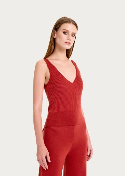 MERINO WOOL BLEND V NECK INTENSE RUST KNIT TOP - 4