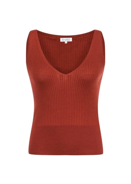 MERINO WOOL BLEND V NECK INTENSE RUST KNIT TOP - 6