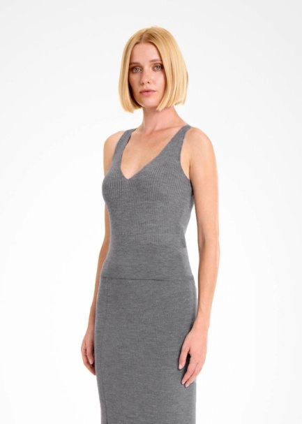 MERINO WOOL BLEND V NECK MID GREY KNIT TOP - 3