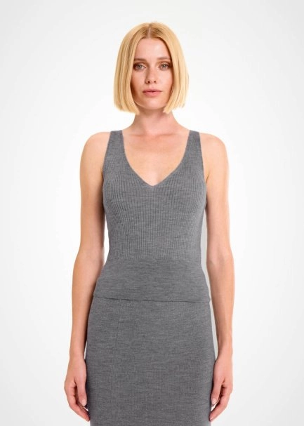 MERINO WOOL BLEND V NECK MID GREY KNIT TOP - 1
