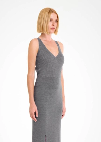 MERINO WOOL BLEND V NECK MID GREY KNIT TOP - 4