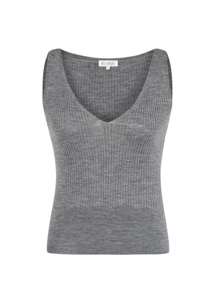 MERINO WOOL BLEND V NECK MID GREY KNIT TOP - 6