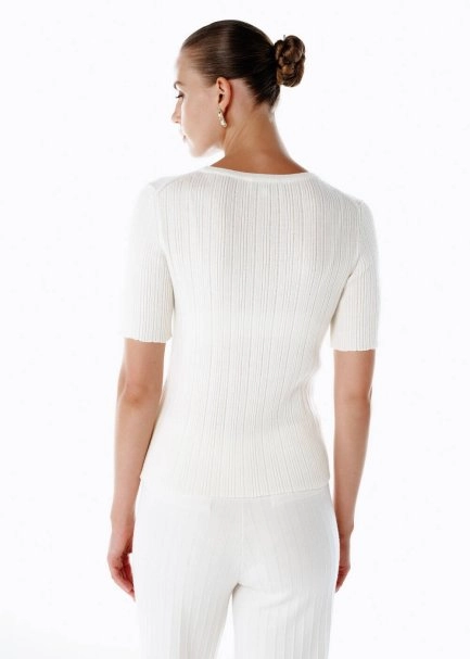 MERINO WOOL RICH BLEND ECRU KNIT TOP - 5