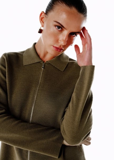 MERINO WOOL RICH BLEND OLIVESTONE KNIT JACKET - 1