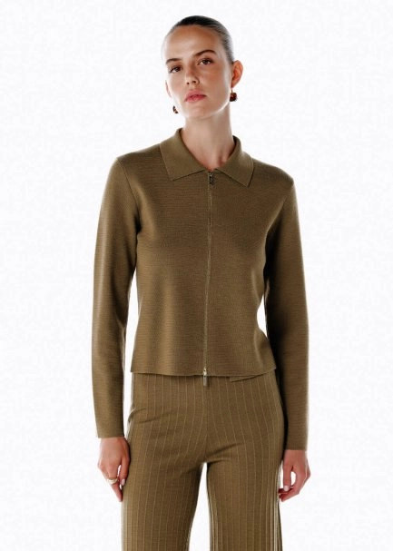 MERINO WOOL RICH BLEND OLIVESTONE KNIT JACKET - 3